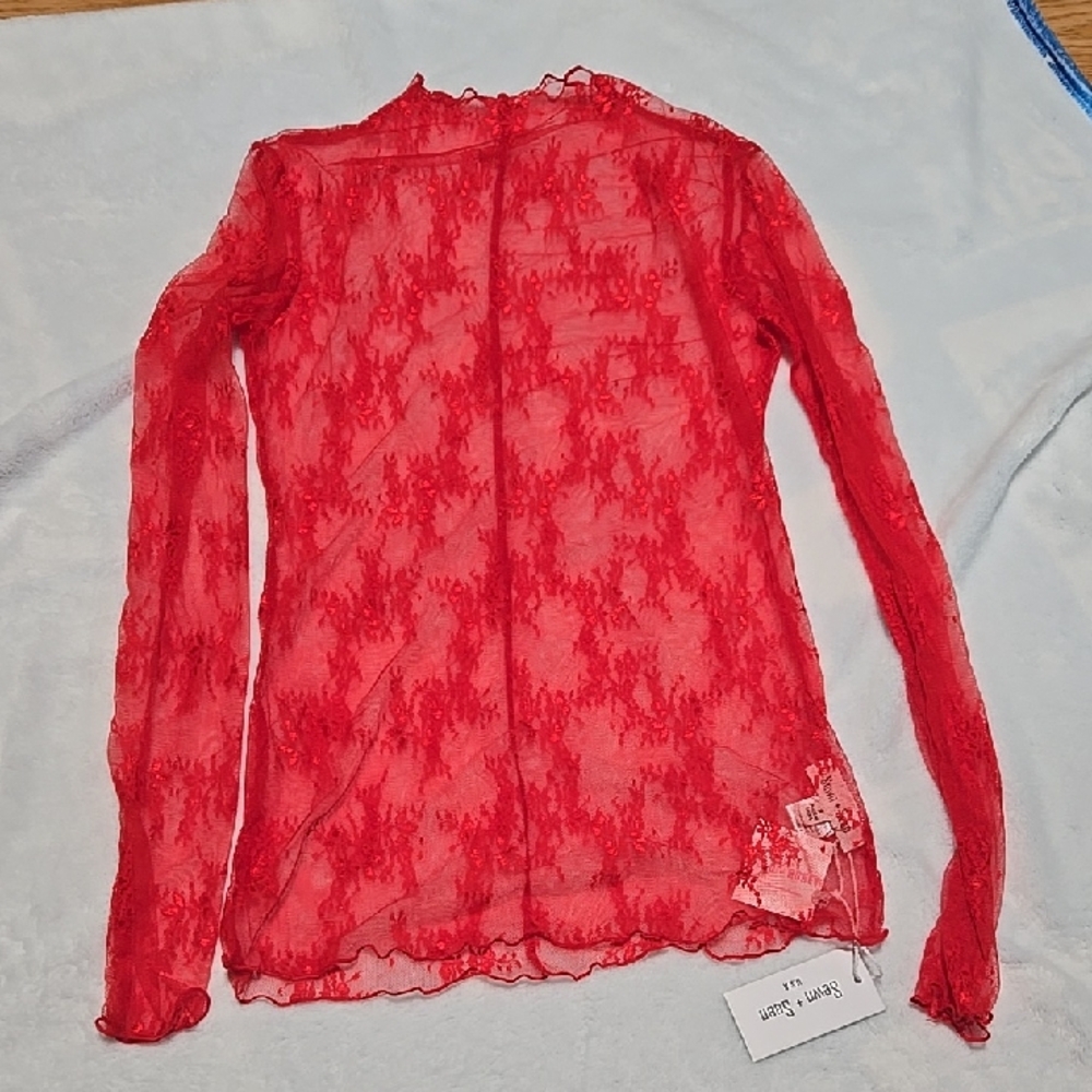 Nwt Sheer Elegant Red Lace Blouse Small